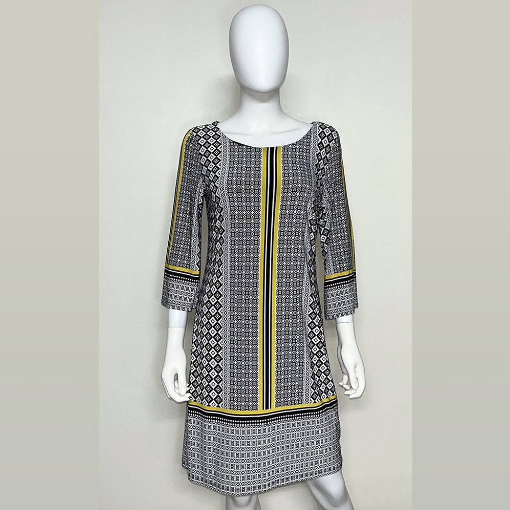 INC INTERNATIONAL COMCEPTS DRESS SIZE M BLACK & WHITE MIDI 3/4 SLEEVE STRETCH